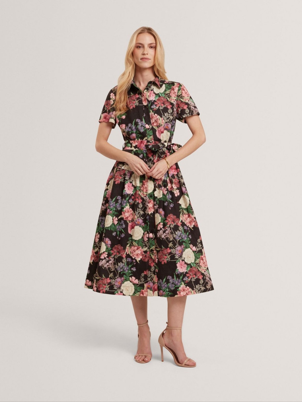 Ted Baker London Charlie Floral Tie Waist Midi Shirt Dress In Size Large